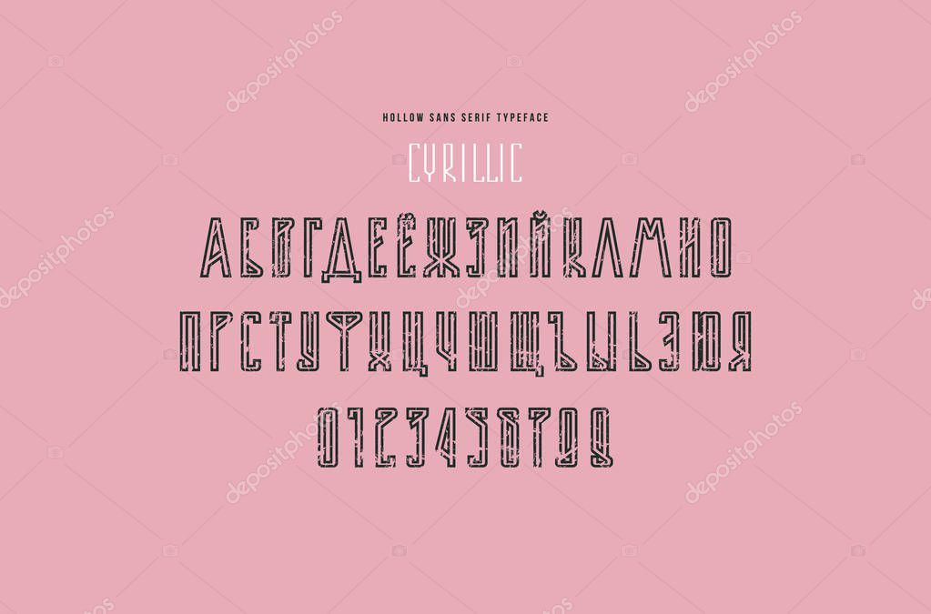 Decorative hollow sans serif font. Cyrillic letters and numbers with rough texture for logo and title design. Print on pink background