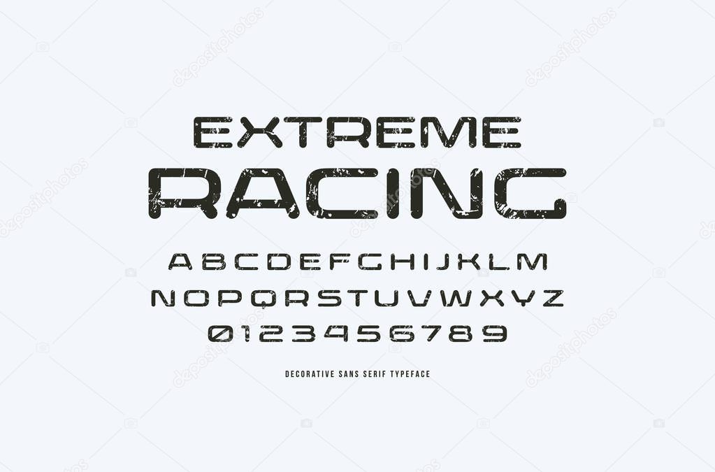 Extended sans serif font with rounded corners. Letters and numbers with rough texture for sport, hi-tech, military logo design. Black typeface on white background