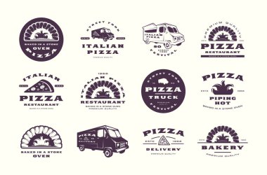 Pizzeria ve ekmek etiketleri, amblem ve logo kümesi. Pizza kamyon ve taş fırın görüntü. Beyaz arka plan üzerinde izole