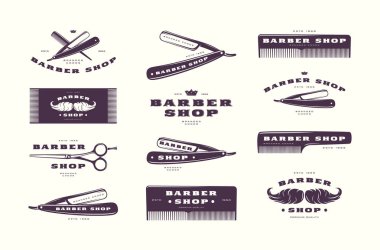 Vintage kuaför dükkanı etiketleri, amblem ve logo kümesi. Beyaz arka plan üzerinde izole