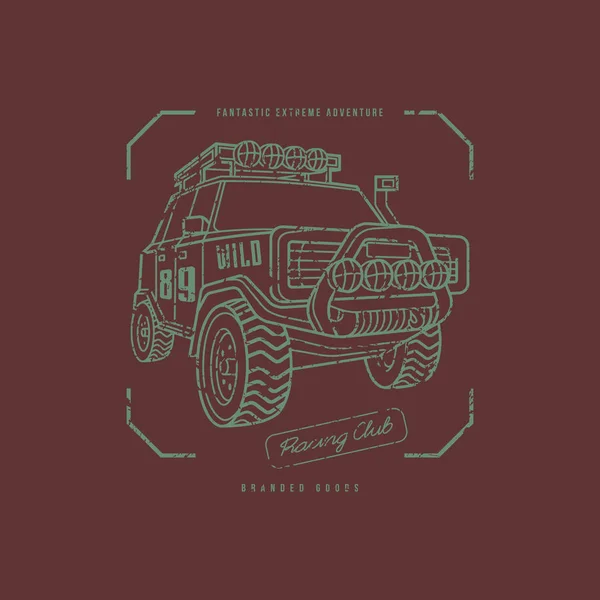 越野汽车会徽线艺术风格 T恤的平面设计 棕色背景上的绿色打印 — 图库矢量图片
