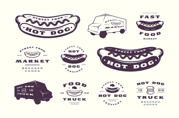 Set Emblemi Loghi Hot Dog Isolato Sfondo Bianco — Vettoriale Stock