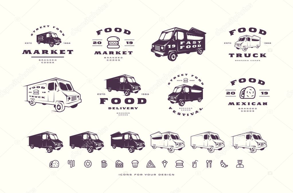 Set of emblems and logo for street food market, festival, delivery. Isolated on white background