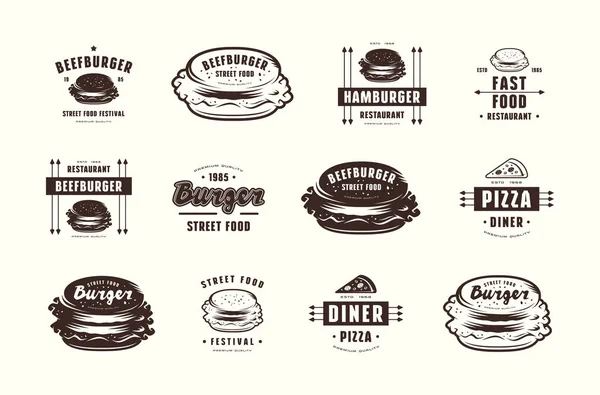 Uppsättning Pizza Och Hamburgare Etiketter Emblem Och Logotyper Isolerad Vit — Stock vektor