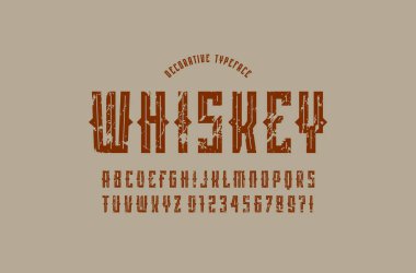 Dekoratif dar sans serif yazı tipi dikenler unsurları ile. Harf ve rakam logo ve etiket tasarımı için kaba tekstürlü