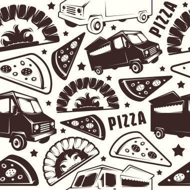 Pizza teslimatı için seamless modeli. Siyah beyaz zemin üzerinde yazdırma