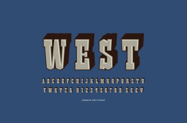 Levha serif toplu yazı tipinde retro tarzı. Harfler ve sayılar için logo ve başlık çizmek. Renk mavi arka plan yazdırma