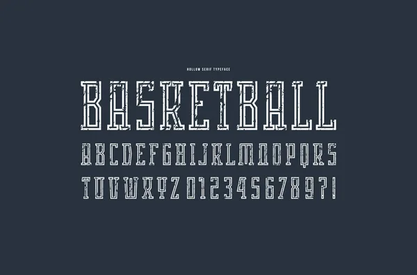 スポーツ スタイルの中空セリフ フォント 文字とロゴと紋章の設計のための荒い質の数字 黒の背景に白色印刷 — ストックベクタ