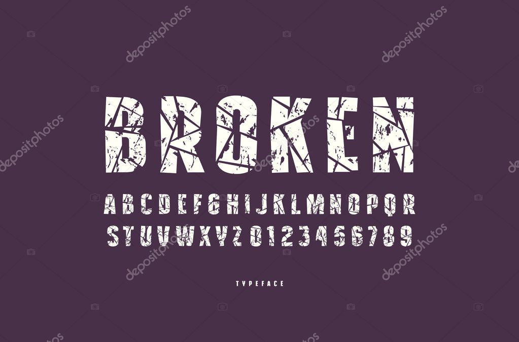 Decorative sans serif font with broken face. Letters and numbers with rough texture for military, sport, retro logo and title design. White typeface on black background