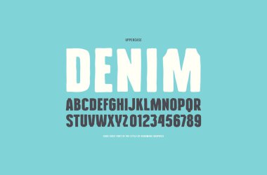 Sans serif yazı tipi el yapımı grafik tarzı. Harf ve rakam t-shirt ve amblem tasarımı için. Üzerinde mavi arka plan yazdırma