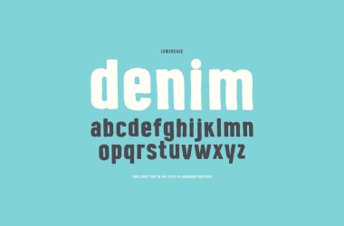 Sans serif yazı tipi el yapımı grafik tarzı. T-shirt ve amblem tasarımı için küçük harfler. Üzerinde mavi arka plan yazdırma