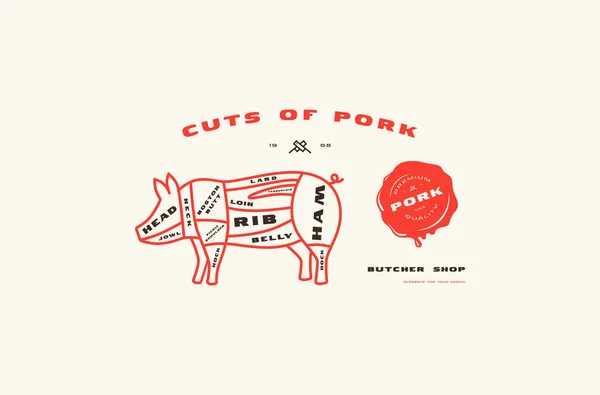 株式ベクトル豚肉は 細い線のスタイルで図をカットします 白地にカラー印刷 — ストックベクタ