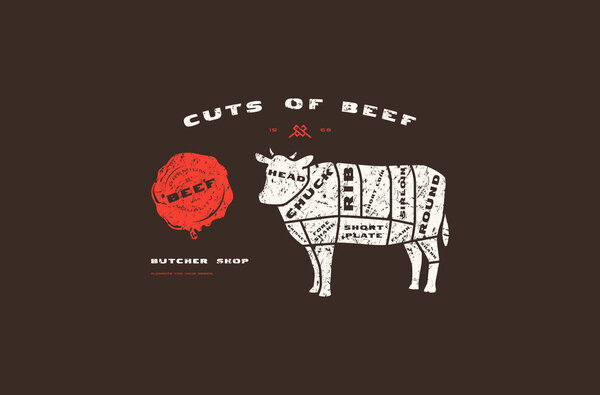 Stock vector beef cuts diagram in flat style. Design with rough texture. Color print on black background