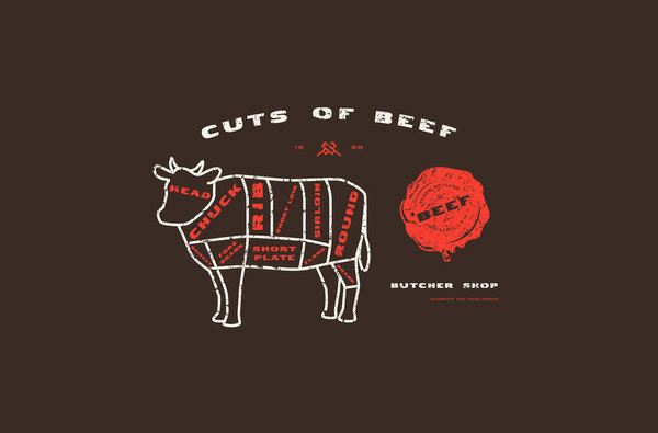 Stock vector beef cuts diagram in thin line style. Design with rough texture. Color print on black background 