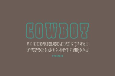 İçi boş serif yazı tipi el yapımı grafik tarzı. Harfler ve sayılar için Batı, sinema, çizgi film logo ve başlık tasarım