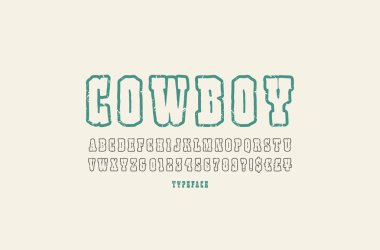 İçi boş serif yazı tipi el yapımı grafik tarzı. Yazı vintage doku ile. Harfler ve sayılar için Batı, sinema, çizgi film logo ve başlık tasarım