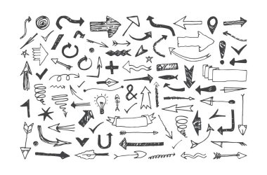 Ok simgeleri çizilmiş grafik tarzı dizi. Infographic öğeleri tasarım doodle. Beyaz arka plan üzerinde izole