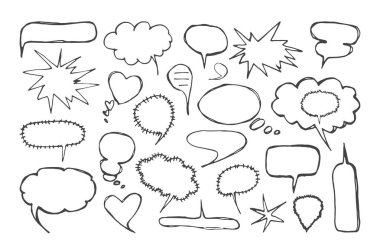 Boş konuşma balonları tarzında el yapımı grafik bir set. Beyaz arka plan üzerinde izole