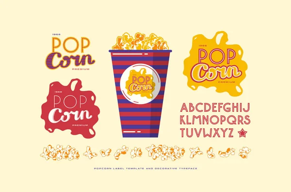 Popcorn Labelsjabloon Decoratieve Schreefloos Lettertype Kleur Lichte Achtergrond Afdrukken — Stockvector