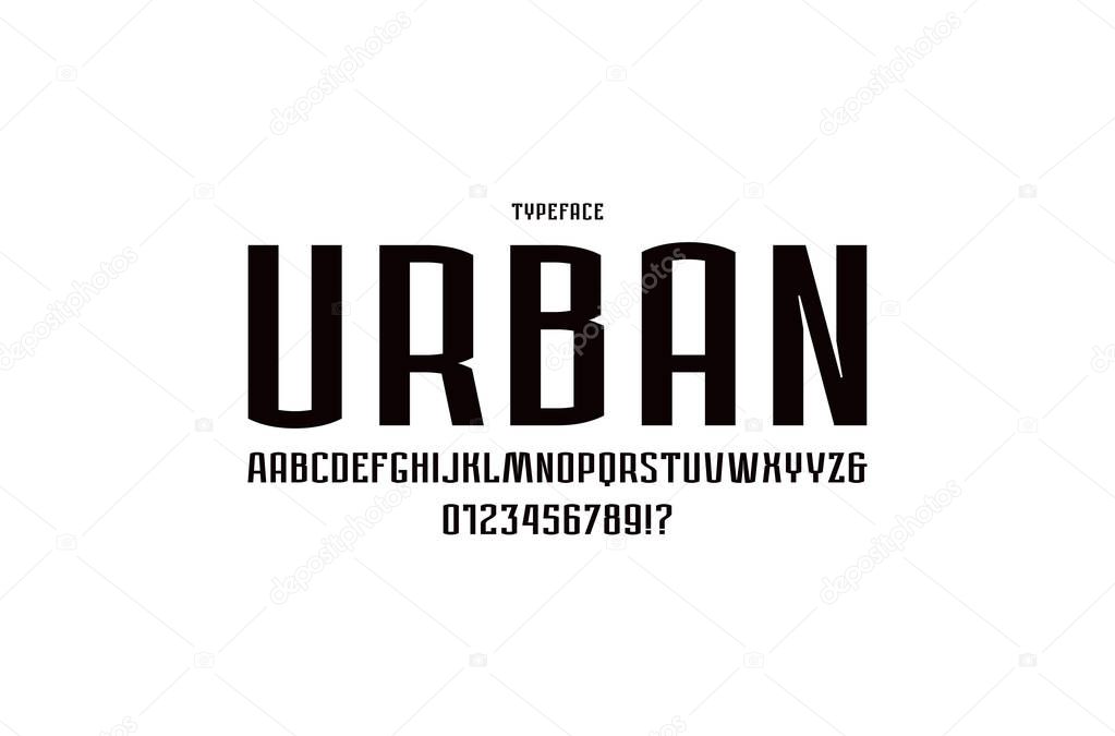 Narrow sans serif font in urban style. Letters and numbers for logo and label design. Black print on white background