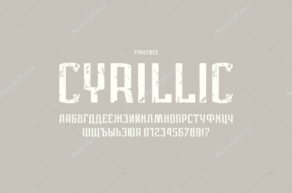 Narrow sans serif font in urban style. Cyrillic letters and numbers with vintage texture for logo and label design. White print on gray background