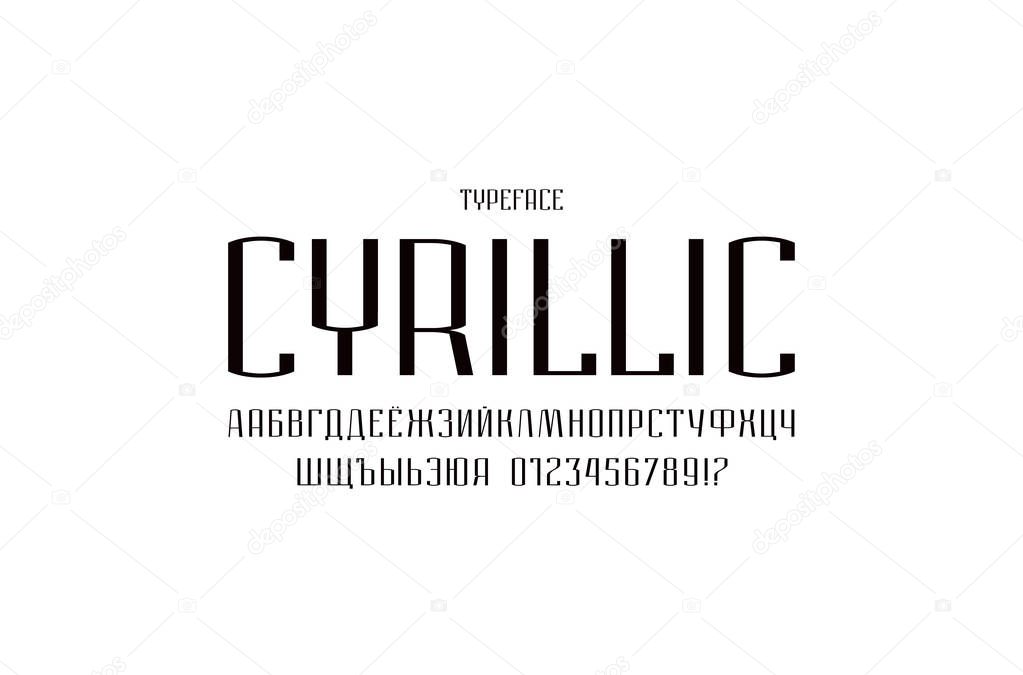 Narrow sans serif font in urban style. Medium face. Cyrillic letters and numbers for logo and label design. Black print on white background