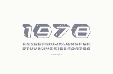 Geometrik sans serif yazı tipi alt gölge ile. Harf ve rakam ile bilim-kurgu, askeri, retro logo ve başlık tasarım için vintage doku. Gri beyaz zemin üzerine yazdırma