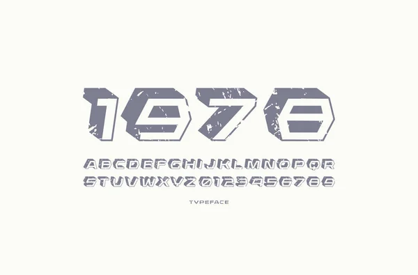 Geometryczne Sans Serif Czcionki Cienia Litery Cyfry Rocznika Tekstury Dla — Wektor stockowy