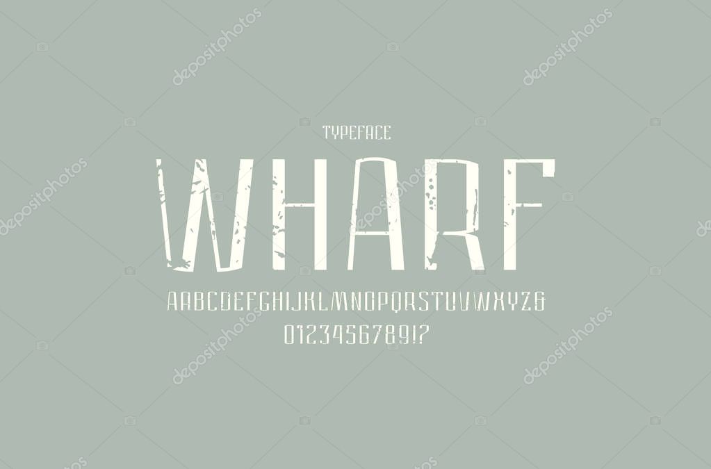 Narrow sans serif font in urban style. Medium face. Letters and numbers with vintage texture for logo and label design. White print on gray background