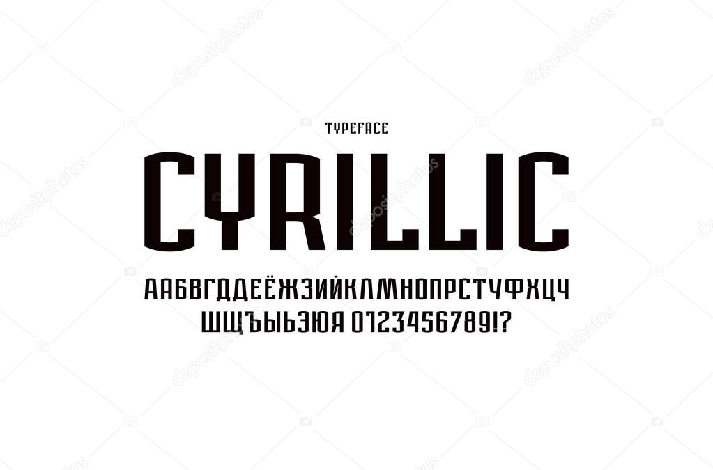 Narrow sans serif font in urban style. Cyrillic letters and numbers for logo and label design. Black print on white background
