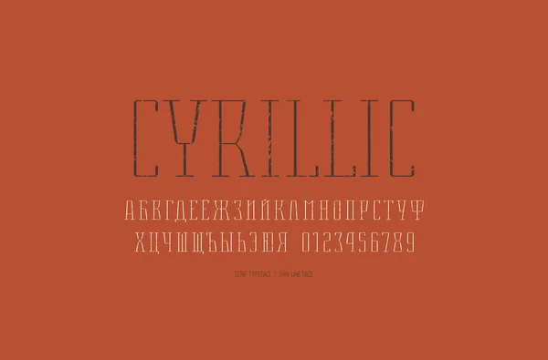 Condensed Serif Font Thin Line Style Кириллические Буквы Цифры Старинной — стоковый вектор