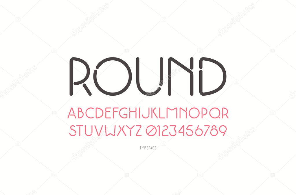 Decorative sans serif font with rounded corners. Typeface in thin line style. Isolated on white background