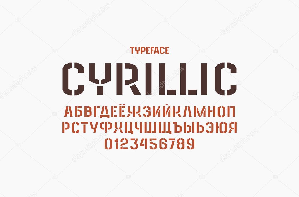 Stencil-plate sans serif font in military style. Cyrillic letters and numbers for athletic logo and title design. Isolated on white background
