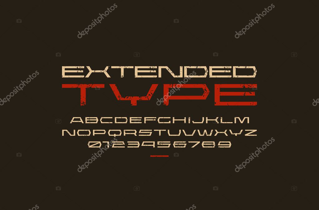 Ultra expanded geometric sans serif font in sport style. Letters and numbers with vintage texture for sci-fi, military, racing logo and title design. Color print on black background