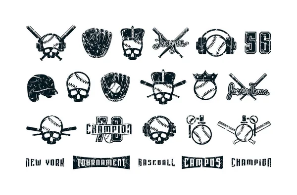 Set Graphic Elements Theme Baseball Design Vintage Texture Black Print — Stock Vector