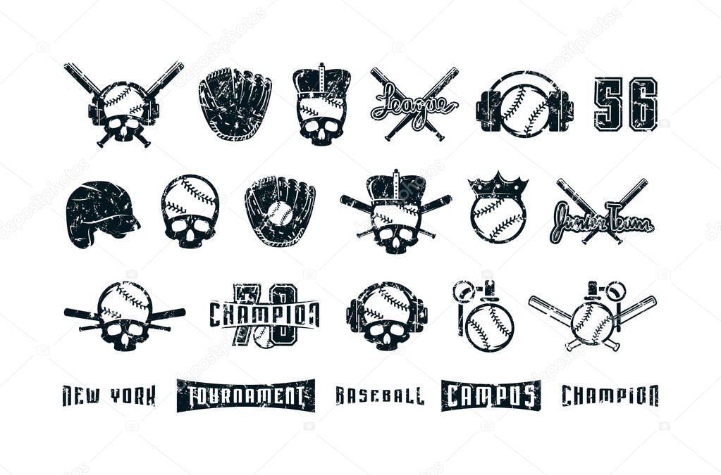 Set of graphic elements on the theme of baseball. Design with vintage texture. Black print on white background