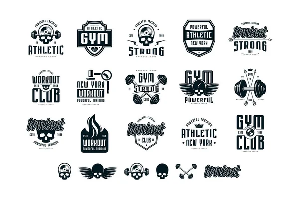 Set Emblemi Logo Palestra Allenamento Club Sportivo Design Grafico Shirt — Vettoriale Stock