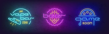 Neon parlak tabela vape bar, bira ve dame Oda hisse senedi vektör kümesi. Amblem, etiket ve logo için tasarım