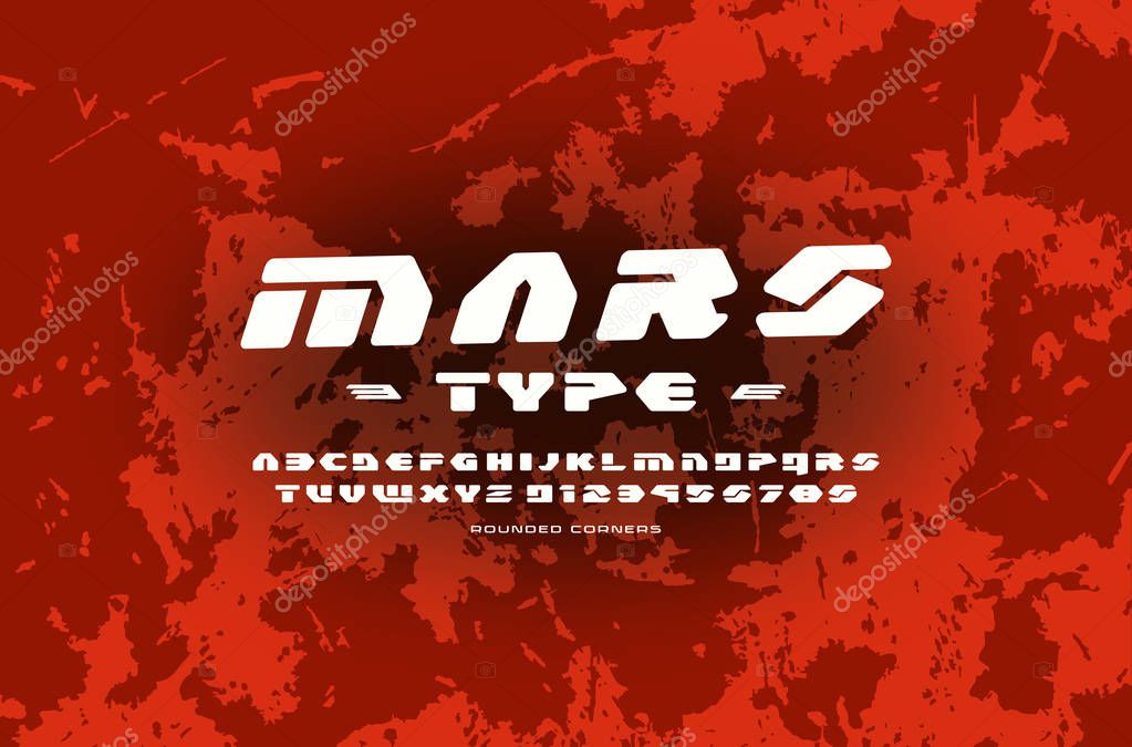 Geometric sans serif font in futuristic style. Letters and numbers with rounded corners for sci-fi, military, cosmic logo and title design. White print on red textured background