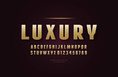 Hisse senedi vektör altın renkli sans serif yazı tipi, alfabe, tipografi. Harfler ve sayılar için logo ve başlık çizmek