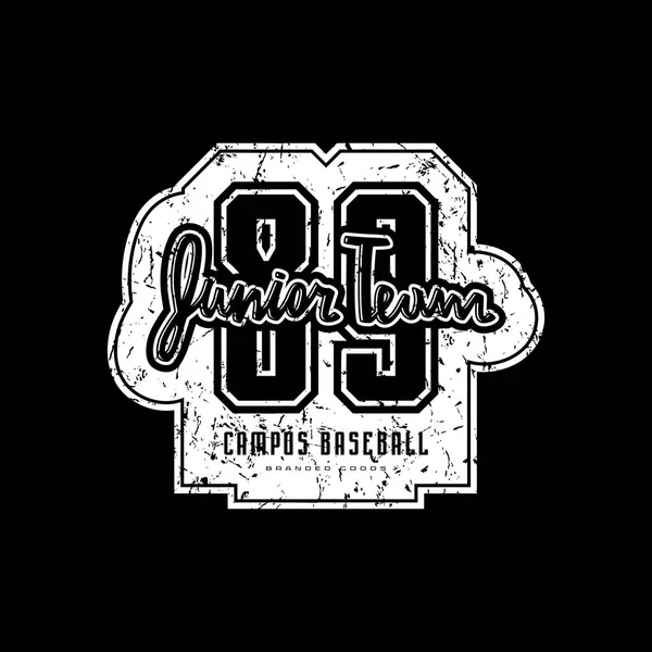 棒球初级球队的标志与复古纹理的贴纸和 T恤设计 黑色背景上的白色打印 — 图库矢量图片
