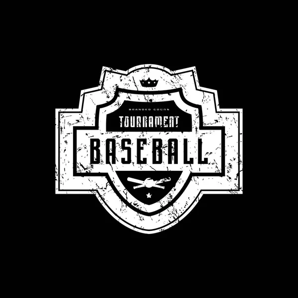 ステッカー シャツ デザインのヴィンテージの質感を持つ野球大会のエンブレム 黒の背景に白色印刷 — ストックベクタ