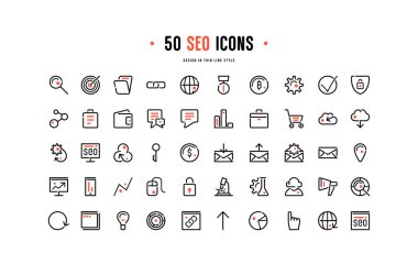 Hisse senedi vektör seo optimizasyon simgeler kümesi. İnce çizgi stili tasarım öğeleri. Beyaz arka plan üzerinde izole