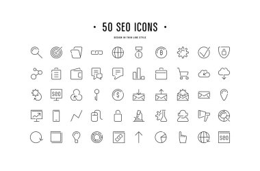 Hisse senedi vektör seo optimizasyon simgeler kümesi. Saç çizgi stili tasarım öğeleri. Beyaz arka plan üzerinde izole