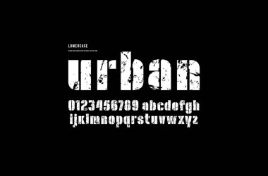 Hisse senedi şablonu-plaka sans serif yazı tipi, alfabe, Tipografi vektör. Ekstra kalın yüz. Küçük harfler ve sayılar logo ve amblem tasarımı için vintage doku ile