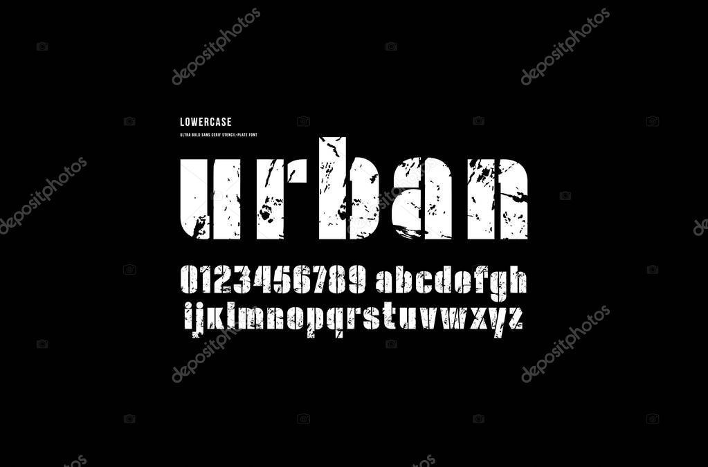 Stock vector stencil-plate sans serif font, alphabet, typography. Extra bold face. Lowercase letters and numbers with vintage texture for logo and emblem design