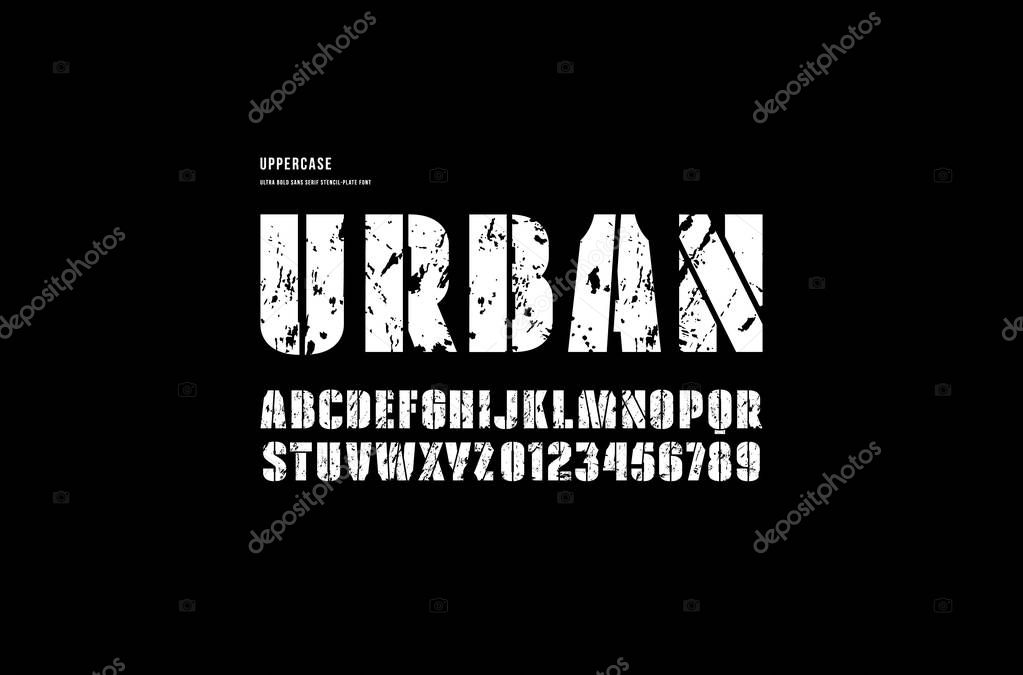 Stock vector stencil-plate sans serif font, alphabet, typography. Extra bold face. Letters and numbers with vintage texture for logo and emblem design