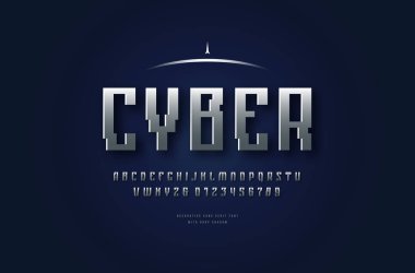 Hisse senedi vektör gümüş renkli ve metal krom dar yazı tipi, alfabe, tipografi. Cyber tarzı yazı kümesi. Harfler ve sayılar için bilim kurgu, Fantastik, logo ve başlık tasarım alanı