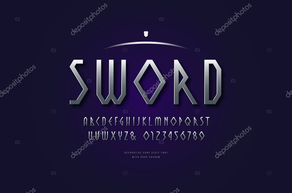 Stock vector silver colored and metal chrome geometric sans serif font, alphabet, typeface. Letters and numbers for movie, viking and game logo design