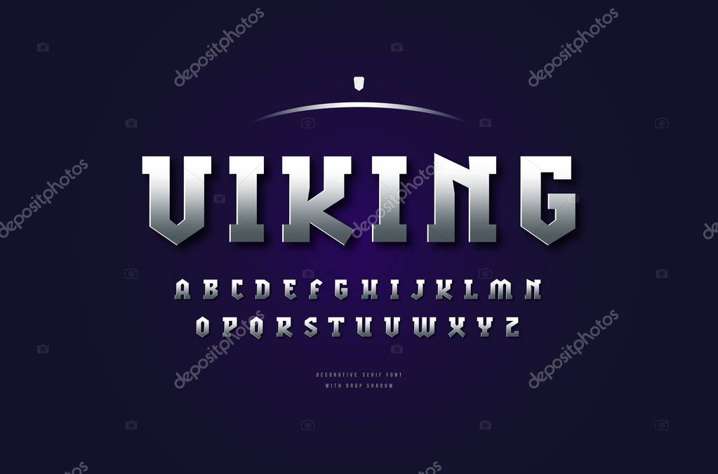 Stock vector silver colored and metal chrome geometric serif font, alphabet, typeface. Letters for movie, viking and game logo design
